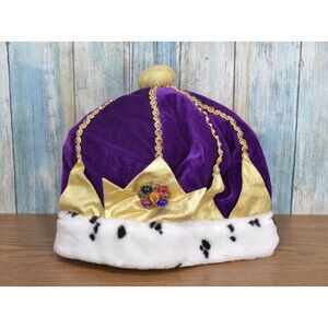 Elope Purple Velvet King Queen Crown Hat Gold Jewels Faux Fur Royal Costume
